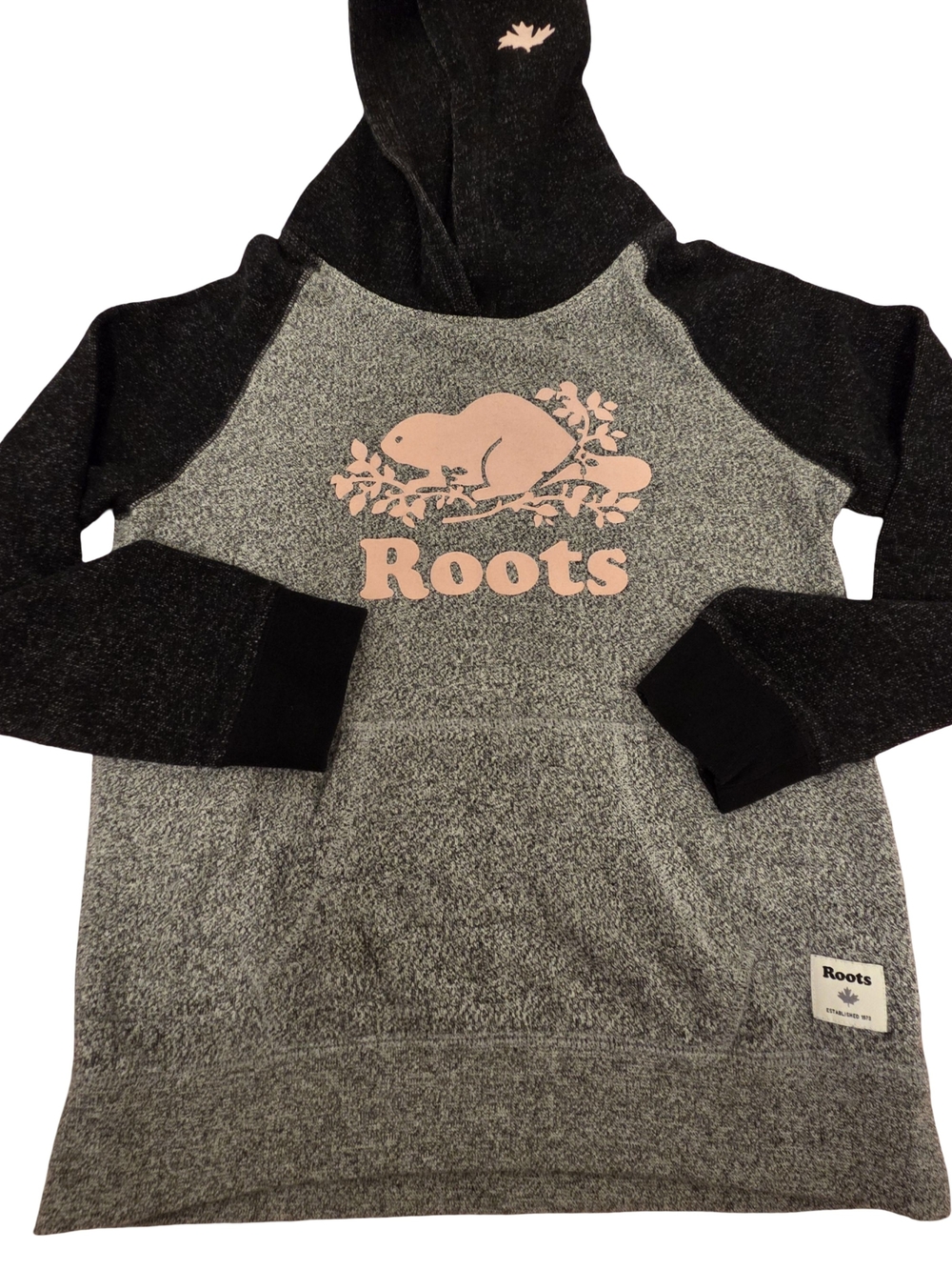 Roots Girls' Heather Grey & Black Hoodie with Pink Logo